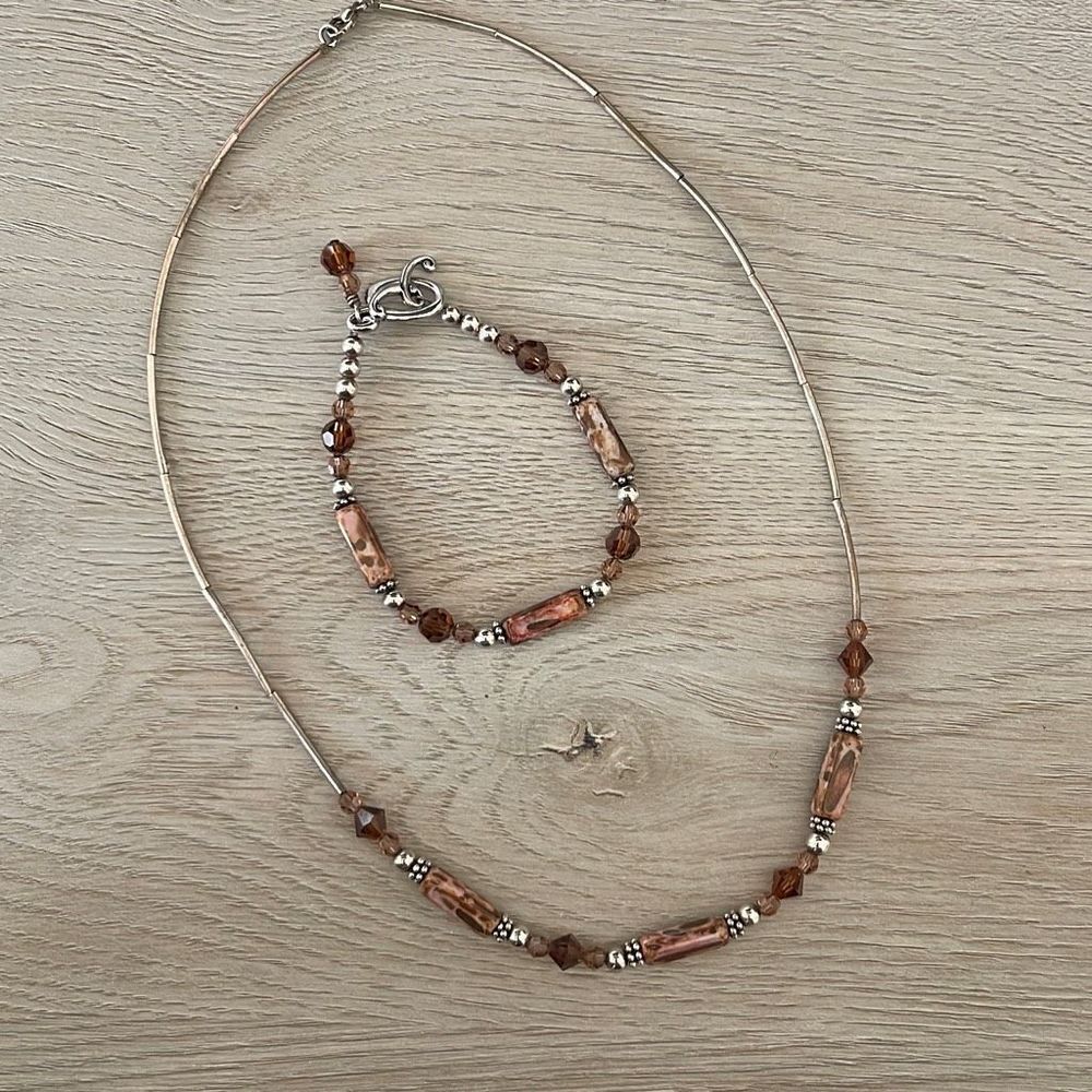 Handmade Unisex Pipe Beads Necklace And Bracelet 2 Piece Set Brown Silver OS